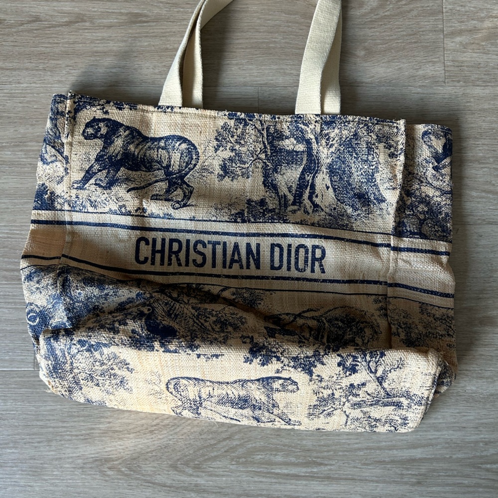 Christian Dior Blue and Tan Raffia Tote Bag
